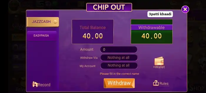 Withdraw Money from 3 patti khaadi
